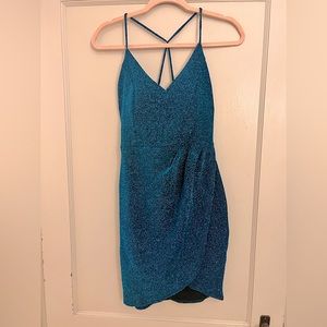 Lulus Teal Faux Wrap Sparkle Dress